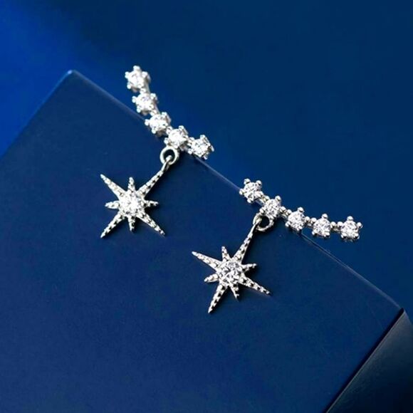 Clear White Baguette Sparkling Star Diamond Earrings on 925 Silver - Picture 1 of 2